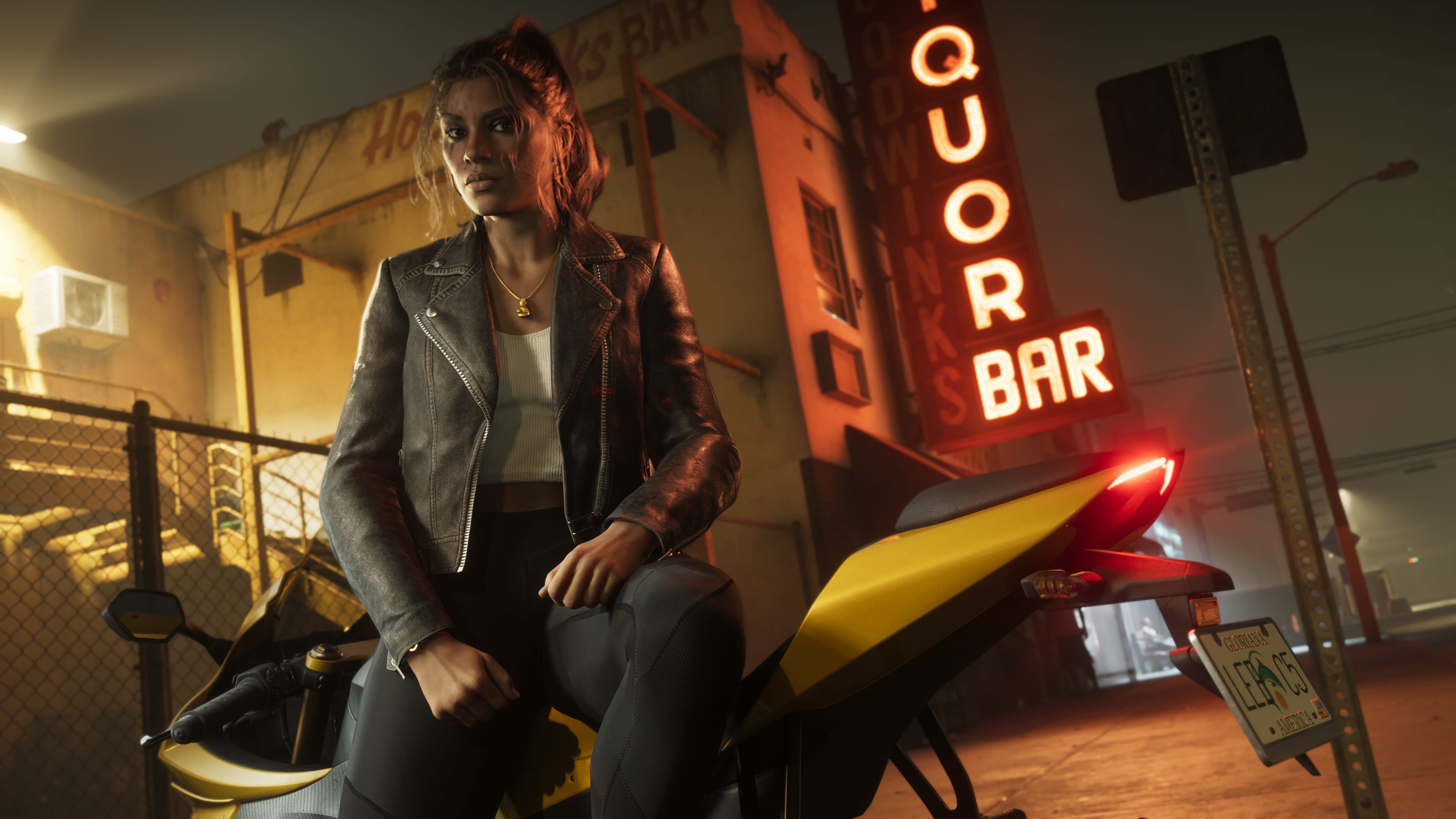 Grand Theft Auto VI promotional screenshot of Lucia beside a motorcycle at night