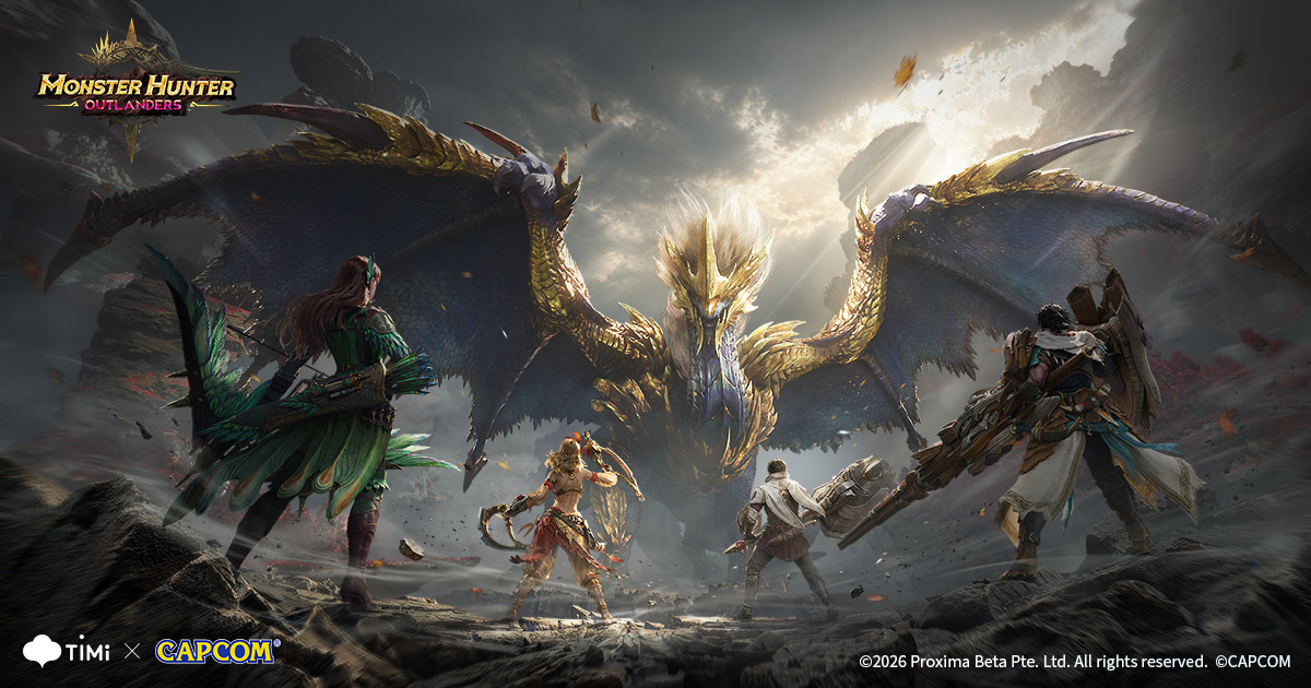 Monster Hunter Outlanders artwork showing armed adventurers facing a large winged monster, with the title and TiMi and Capcom marks